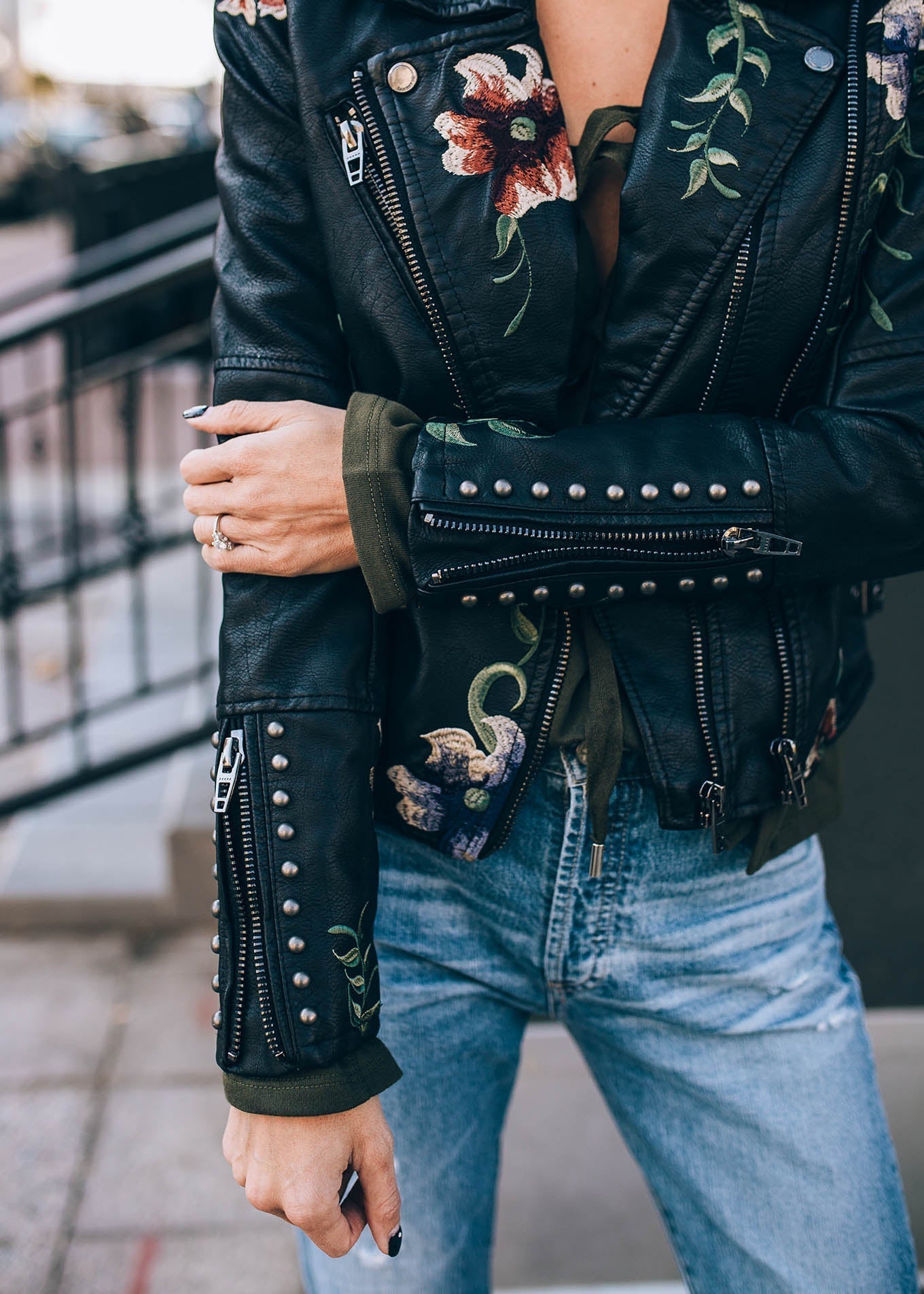 Embroidered leather style jacket with floral print