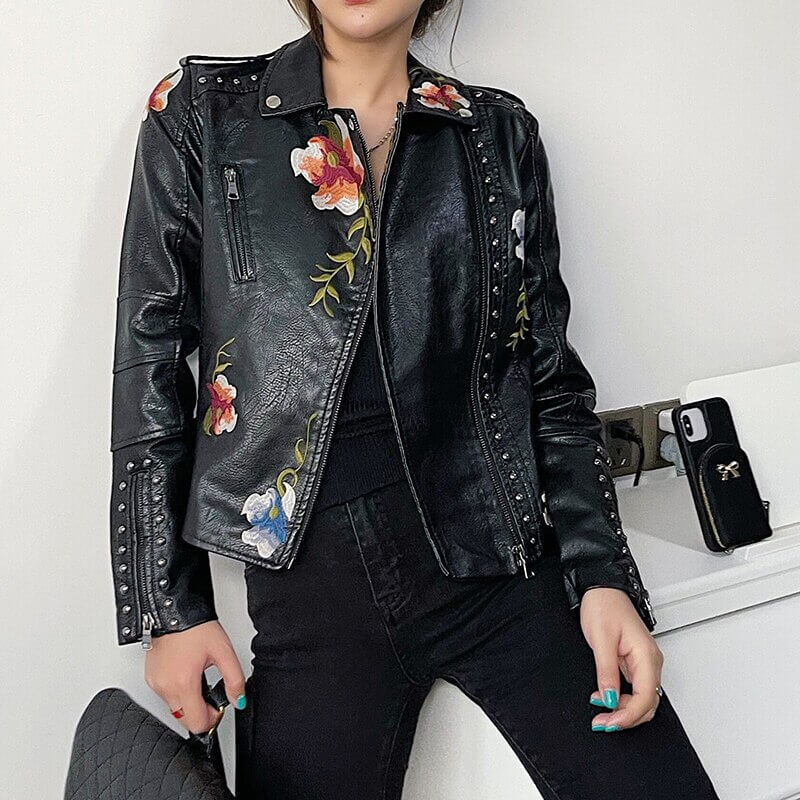 Embroidered leather style jacket with floral print