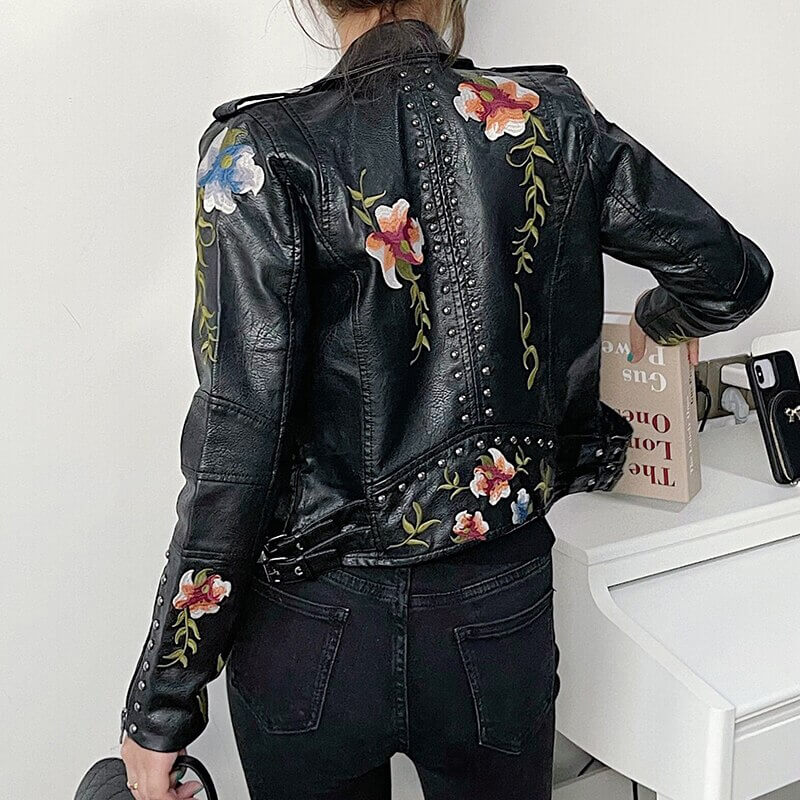 Embroidered leather style jacket with floral print