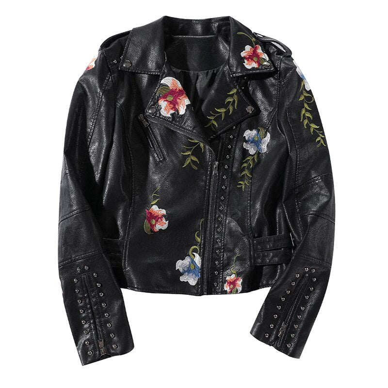 Embroidered leather style jacket with floral print