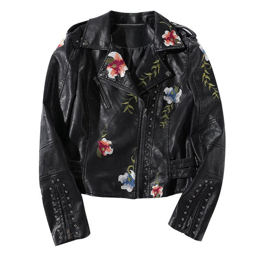 Embroidered leather style jacket with floral print
