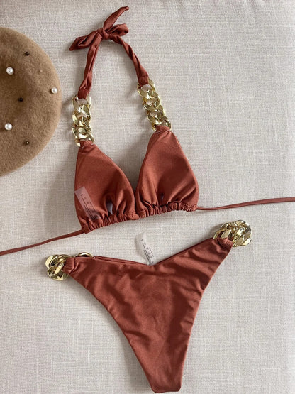 Gold Chain Halter Bikini Set