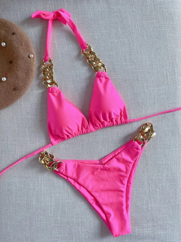 Gold Chain Halter Bikini Set
