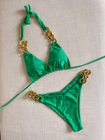 Gold Chain Halter Bikini Set