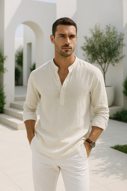 Men's Oversized Linen Look Shirt With Open Collar