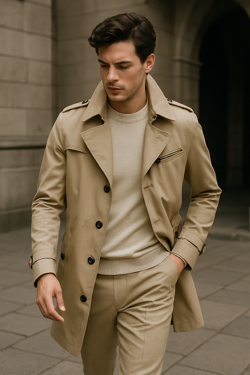 Men's Trench Coat Double-breasted Texture Soft Blended
