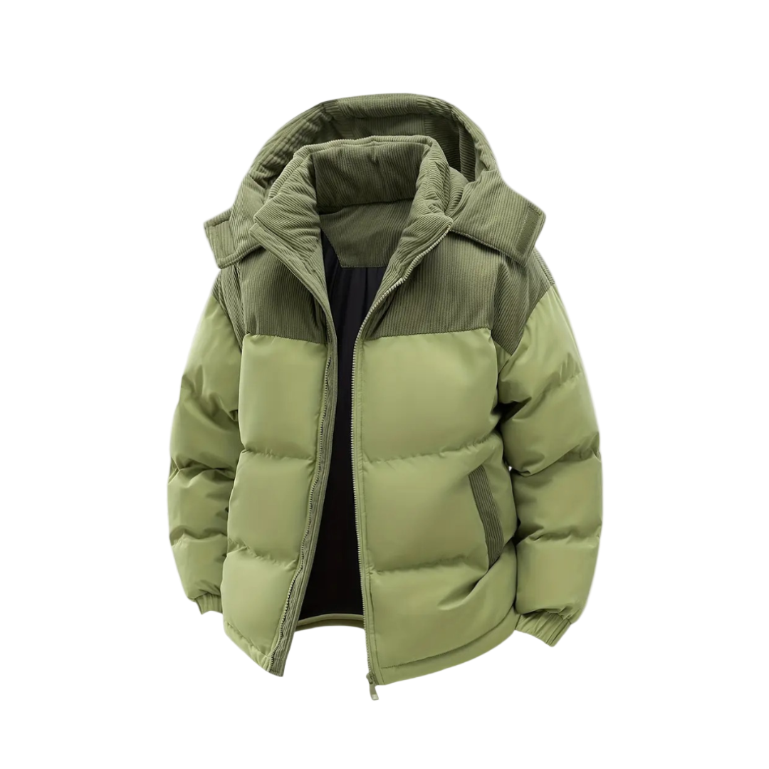 Men's Winter Coat with Drawstring Cap and Modern Design