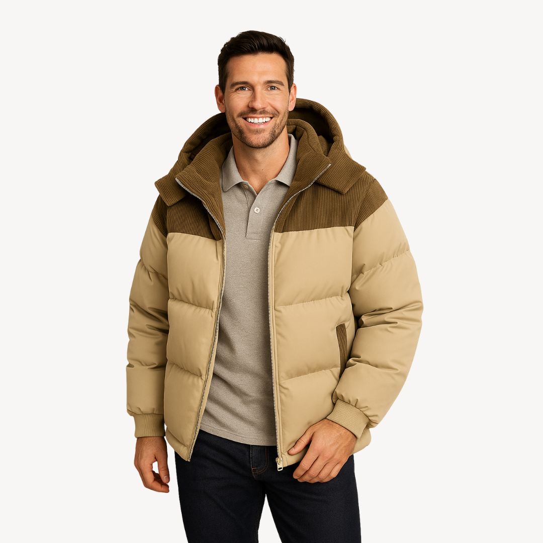 Men's Winter Coat with Drawstring Cap and Modern Design