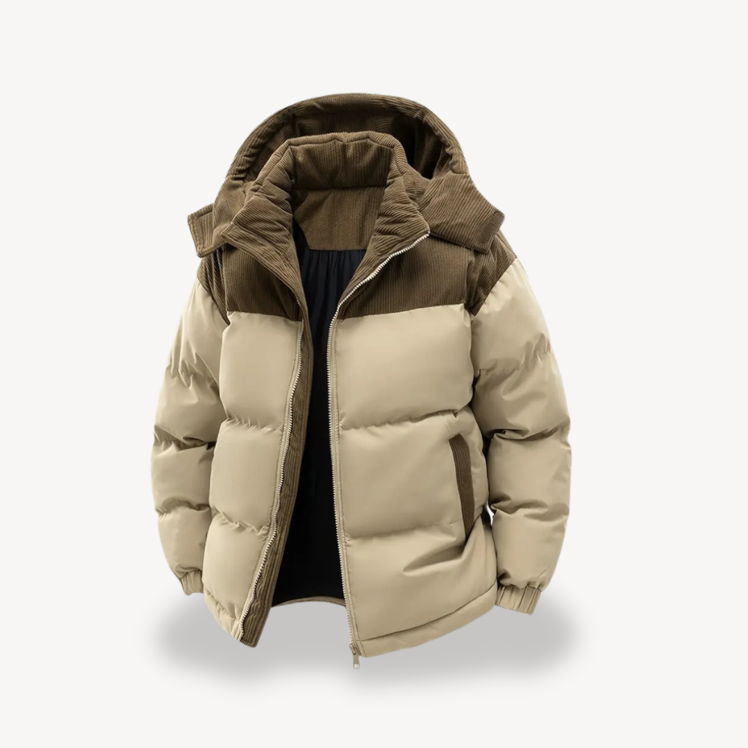 Men's Winter Coat with Drawstring Cap and Modern Design
