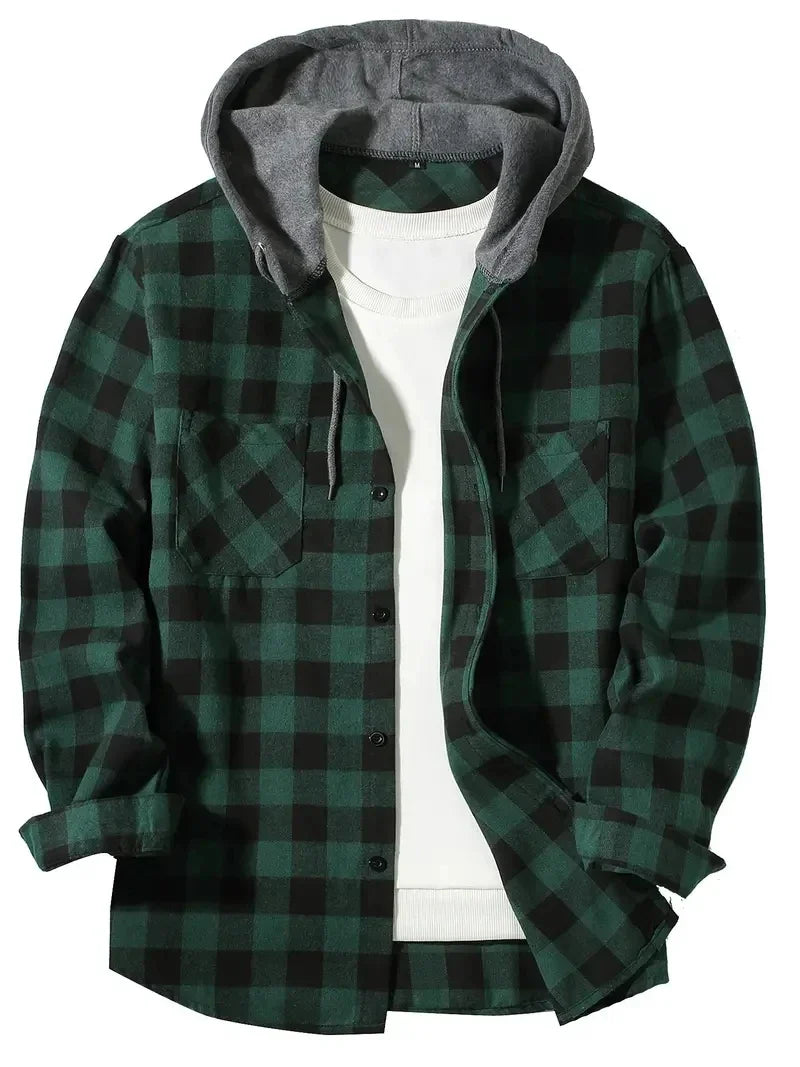 Herren Shirt Casual Checked With Hood Slim Fit