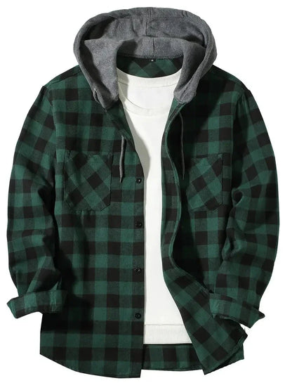 Herren Shirt Casual Checked With Hood Slim Fit