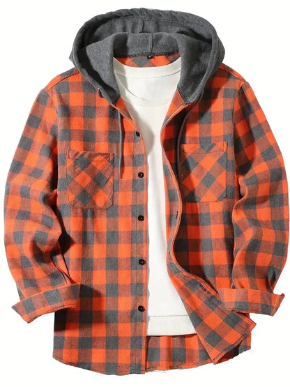 Herren Shirt Casual Checked With Hood Slim Fit