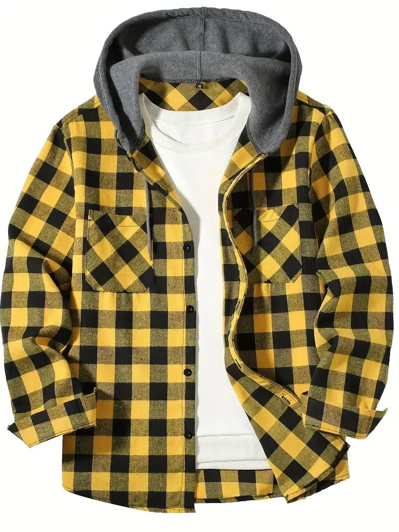 Herren Shirt Casual Checked With Hood Slim Fit