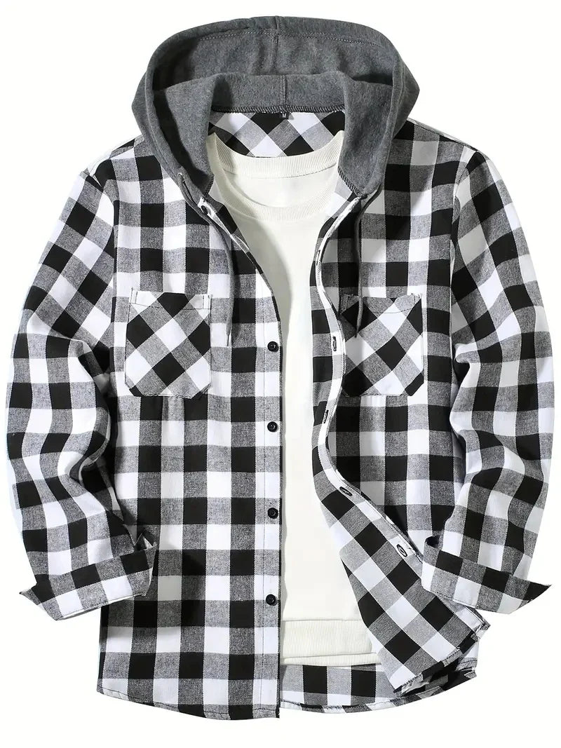 Herren Shirt Casual Checked With Hood Slim Fit