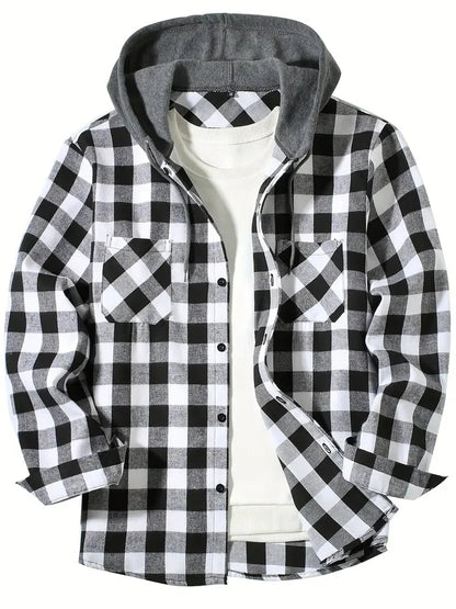 Herren Shirt Casual Checked With Hood Slim Fit