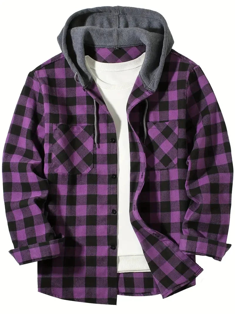 Herren Shirt Casual Checked With Hood Slim Fit