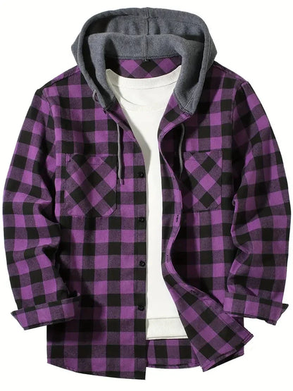 Herren Shirt Casual Checked With Hood Slim Fit