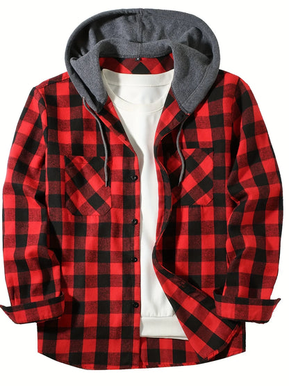 Herren Shirt Casual Checked With Hood Slim Fit