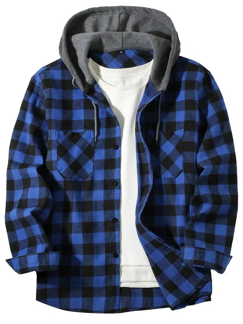 Herren Shirt Casual Checked With Hood Slim Fit