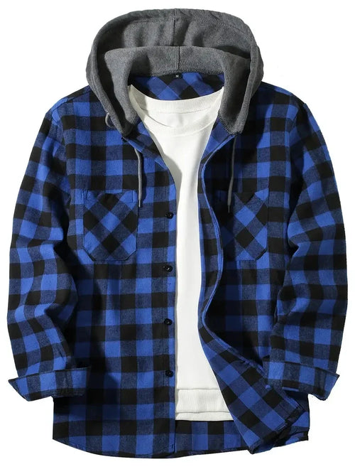 Herren Shirt Casual Checked With Hood Slim Fit
