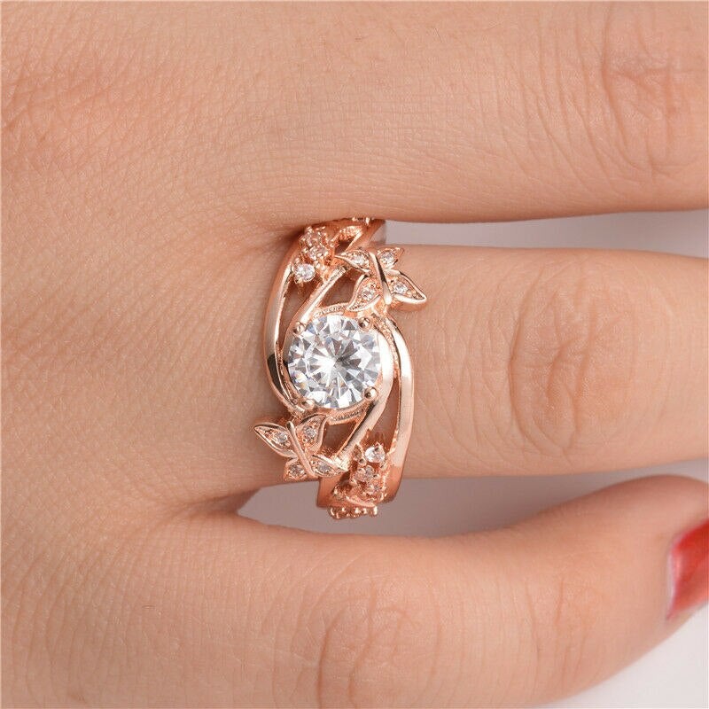 Hollow Rhinestone Butterfly Flower Ring