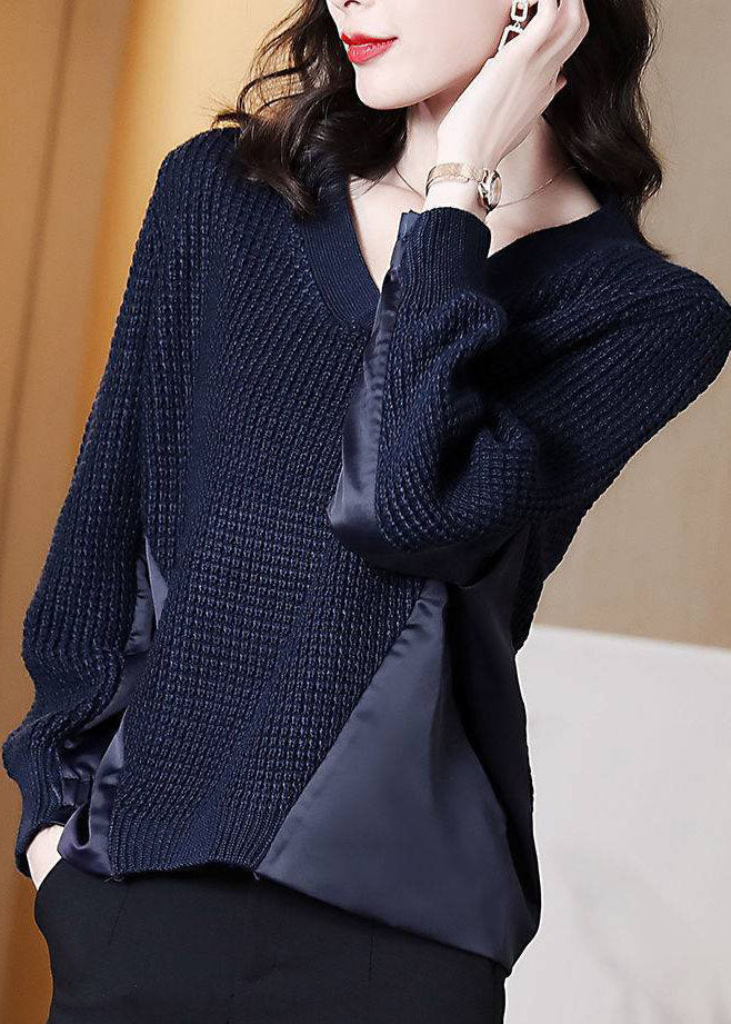 Ladies Asymmetric Knitted Sweater Navy Blue