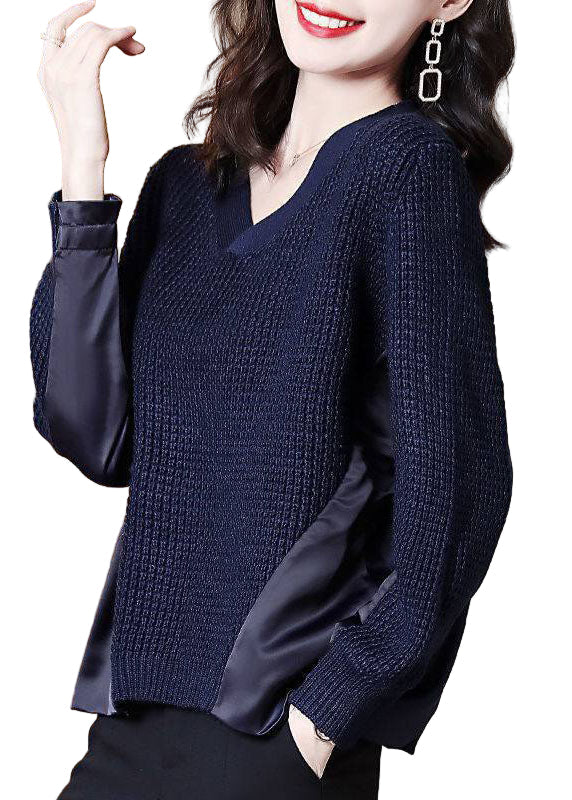 Ladies Asymmetric Knitted Sweater Navy Blue