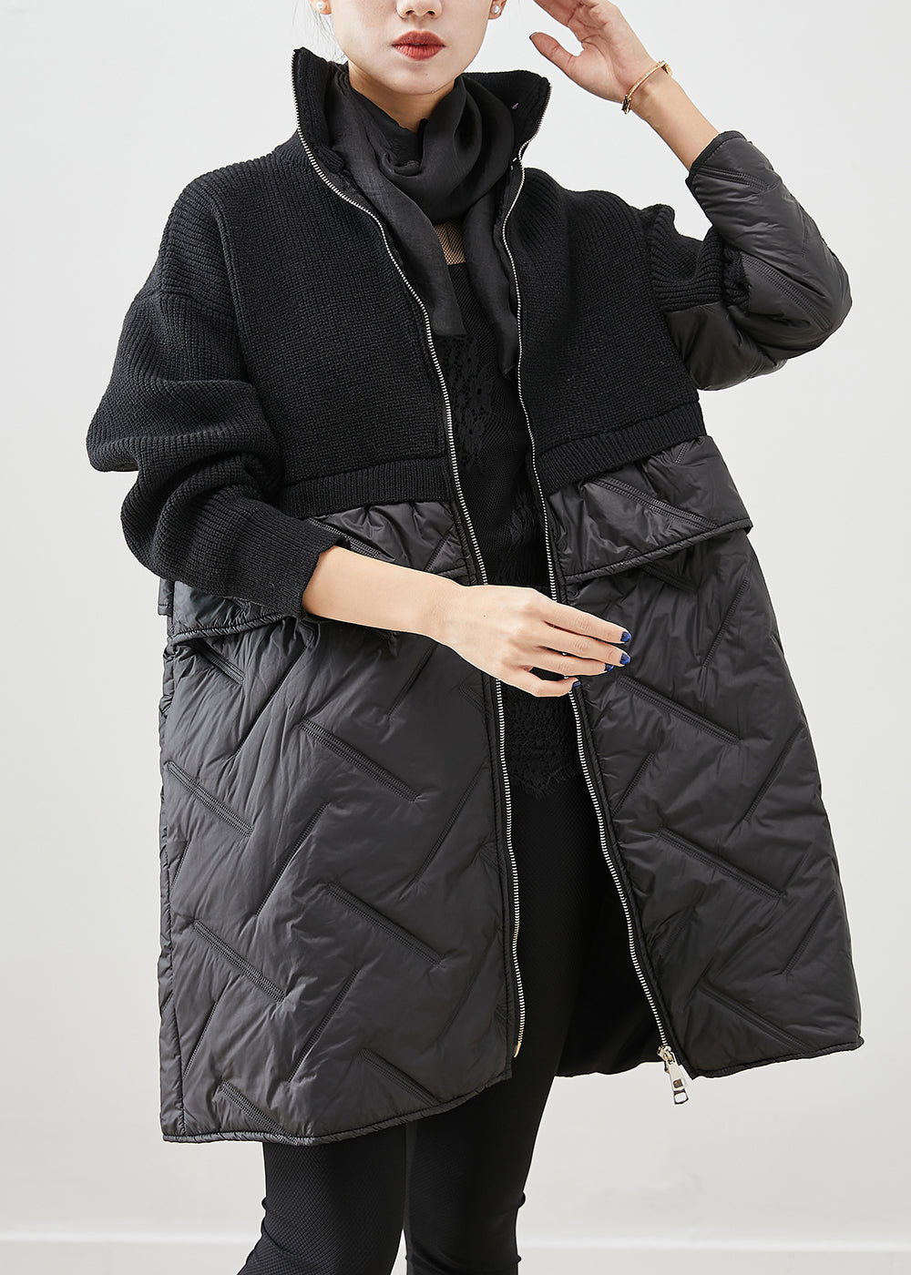 Ladies' Black Knitted Jacket with Zip and Patchwork