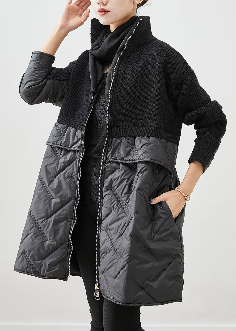 Ladies' Black Knitted Jacket with Zip and Patchwork