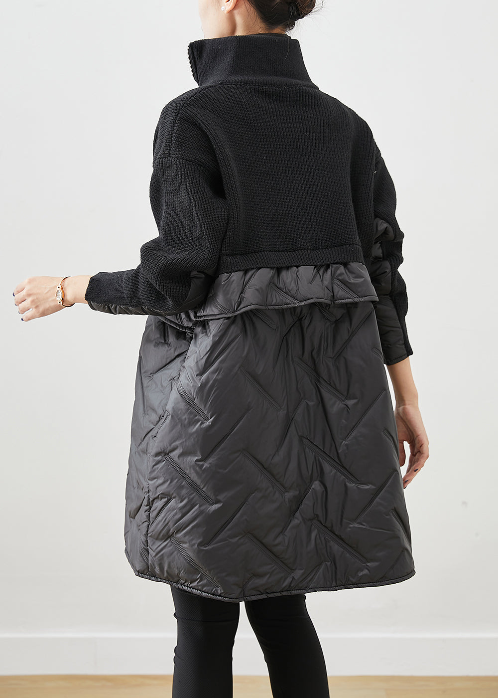 Ladies' Black Knitted Jacket with Zip and Patchwork