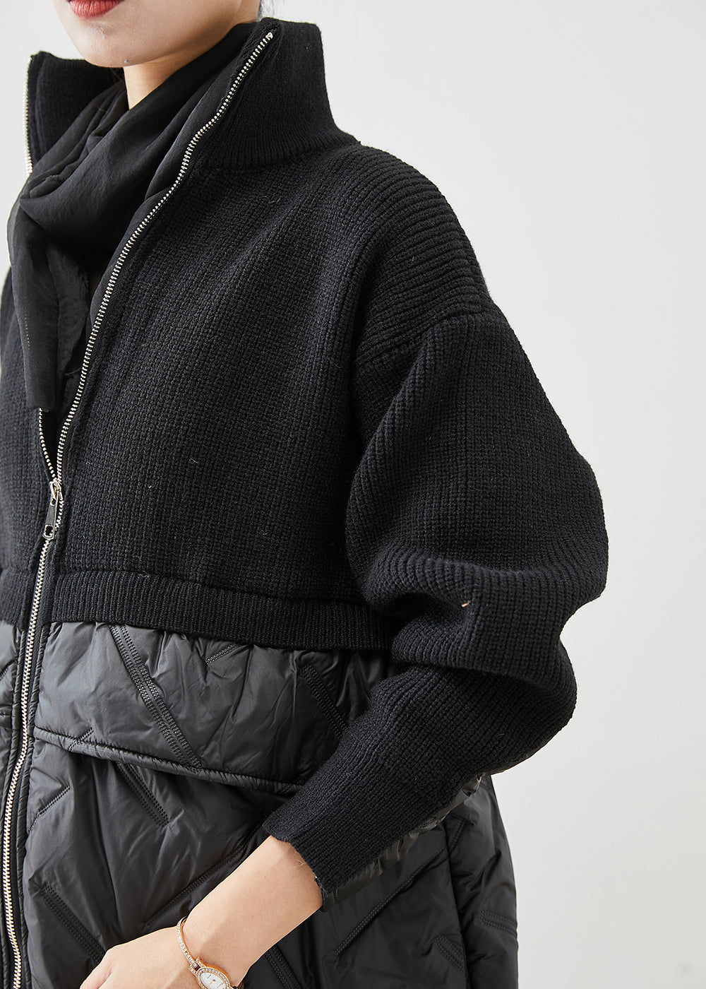 Ladies' Black Knitted Jacket with Zip and Patchwork