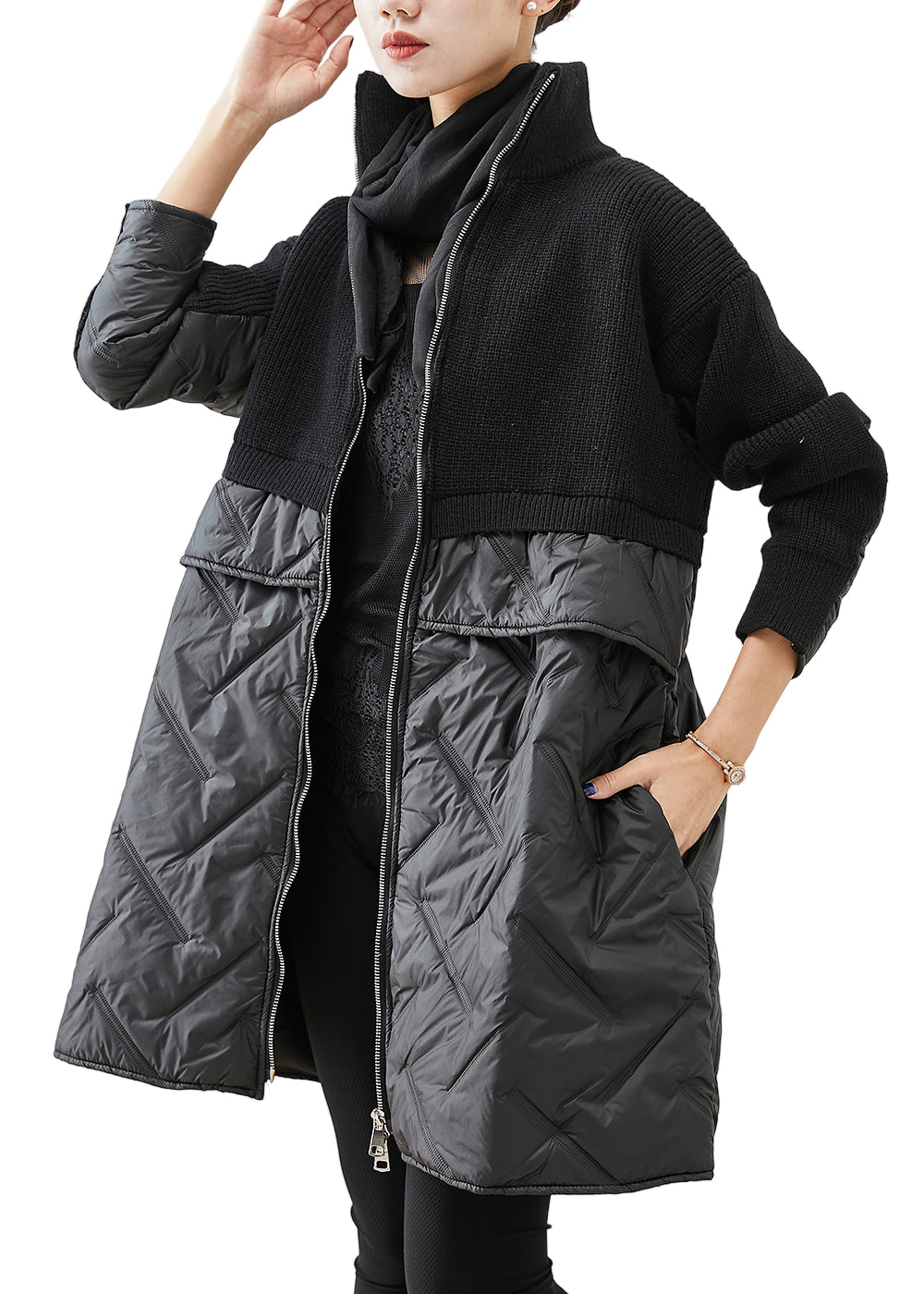 Ladies' Black Knitted Jacket with Zip and Patchwork