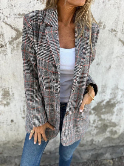 Ladies Blazer With Plaid Pattern Spring Stylish