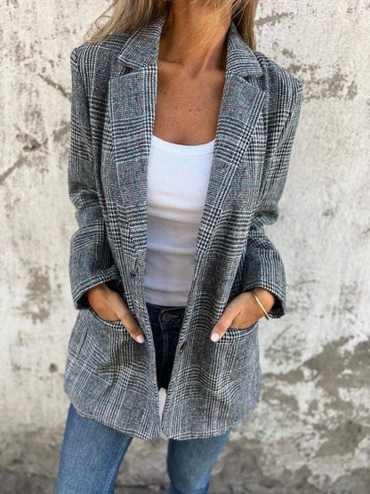 Ladies Blazer With Plaid Pattern Spring Stylish