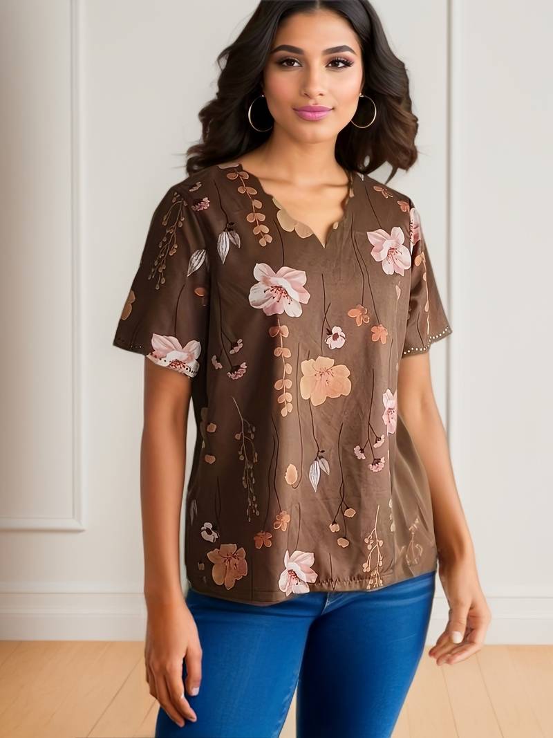 Ladies Blouse Floral Print Spring Loose Fit Soft Cotton
