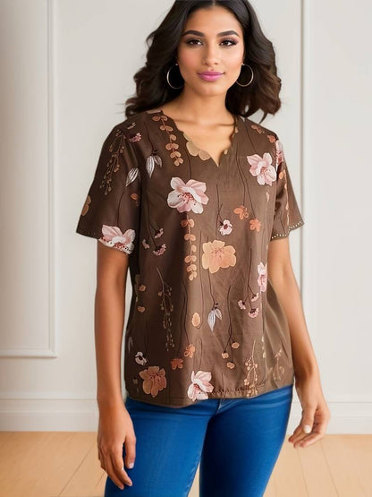 Ladies Blouse Floral Print Spring Loose Fit Soft Cotton