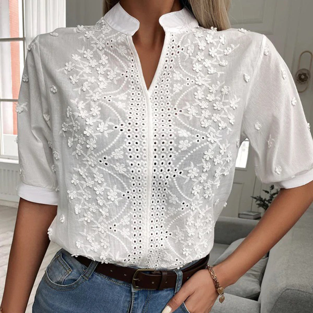Ladies Blouse Short Sleeves With Lace White