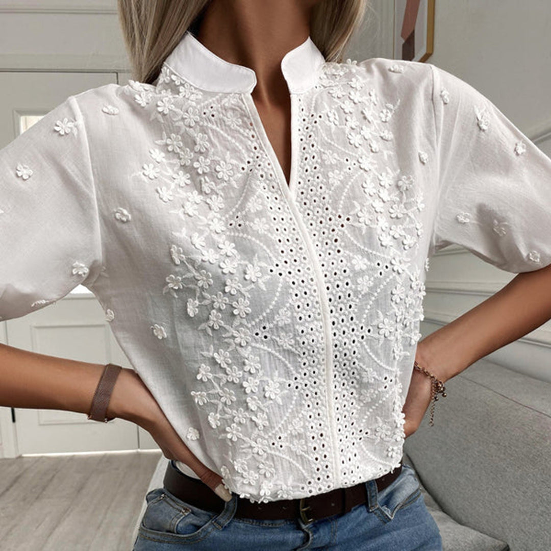 Ladies Blouse Short Sleeves With Lace White