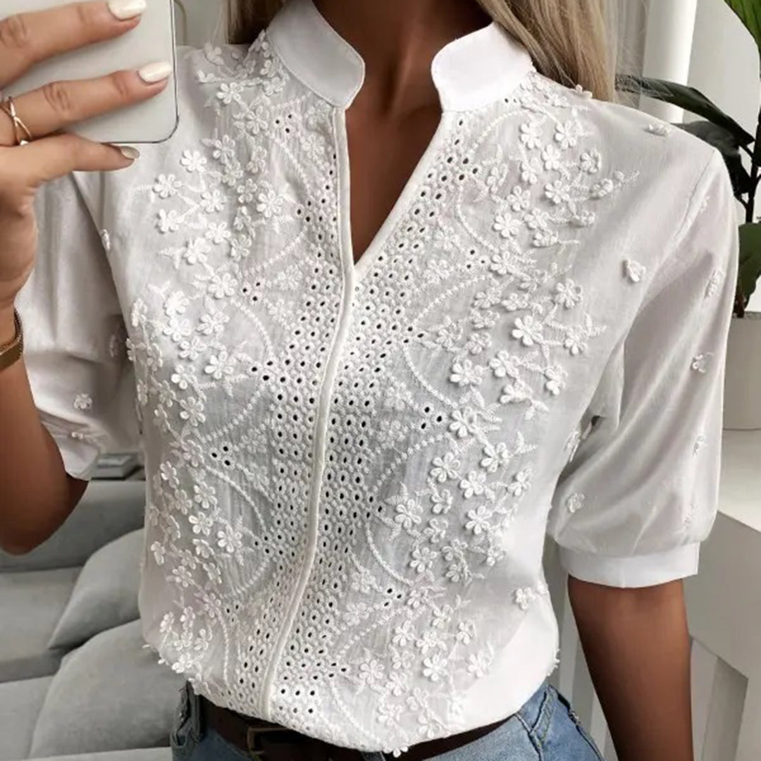 Ladies Blouse Short Sleeves With Lace White
