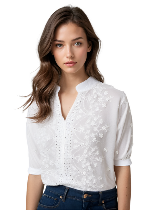 Ladies Blouse Short Sleeves With Lace White