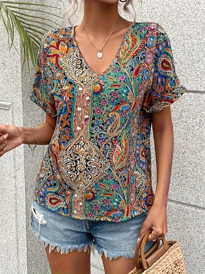 Ladies' Blouse V-Neck Paisley Print