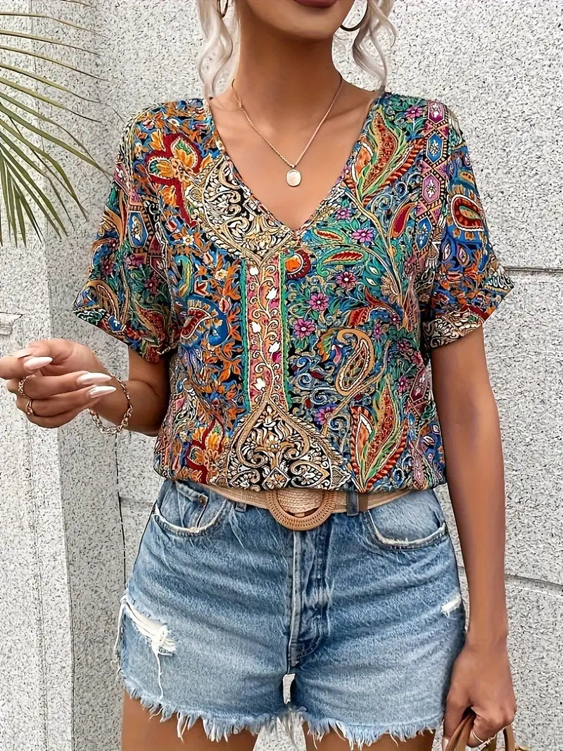 Ladies' Blouse V-Neck Paisley Print