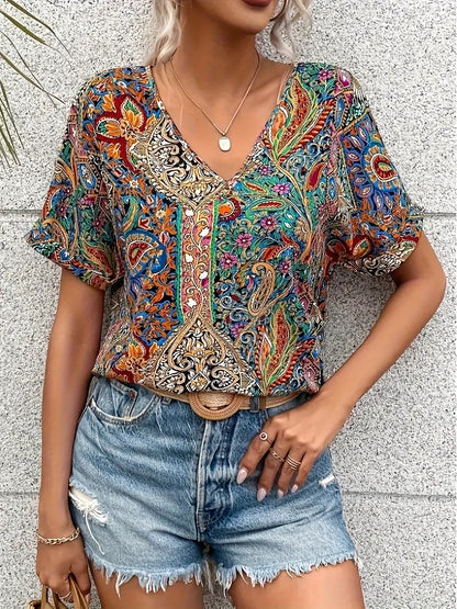 Ladies' Blouse V-Neck Paisley Print