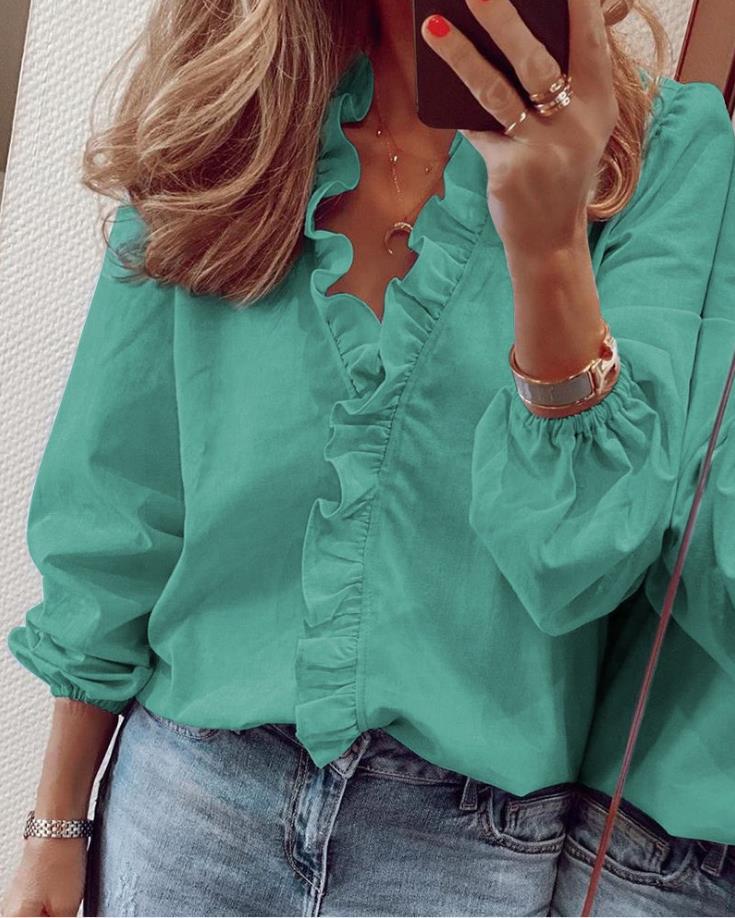 Ladies Blouse V-neck Ruffles Breathable Polyester