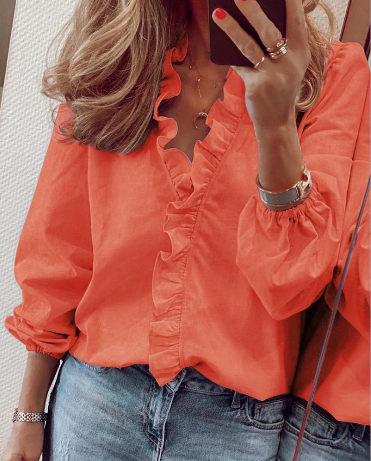 Ladies Blouse V-neck Ruffles Breathable Polyester