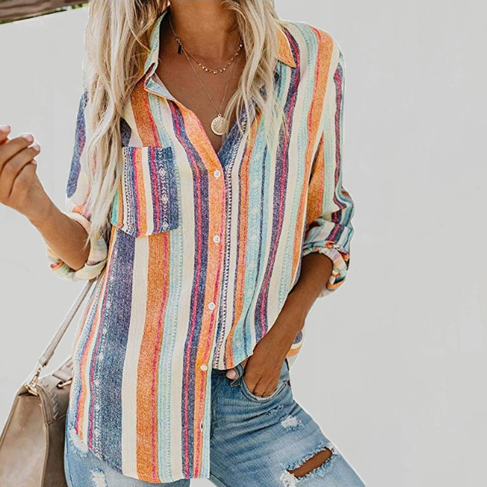 Ladies' Blouse With Turn-Down Collar Striped