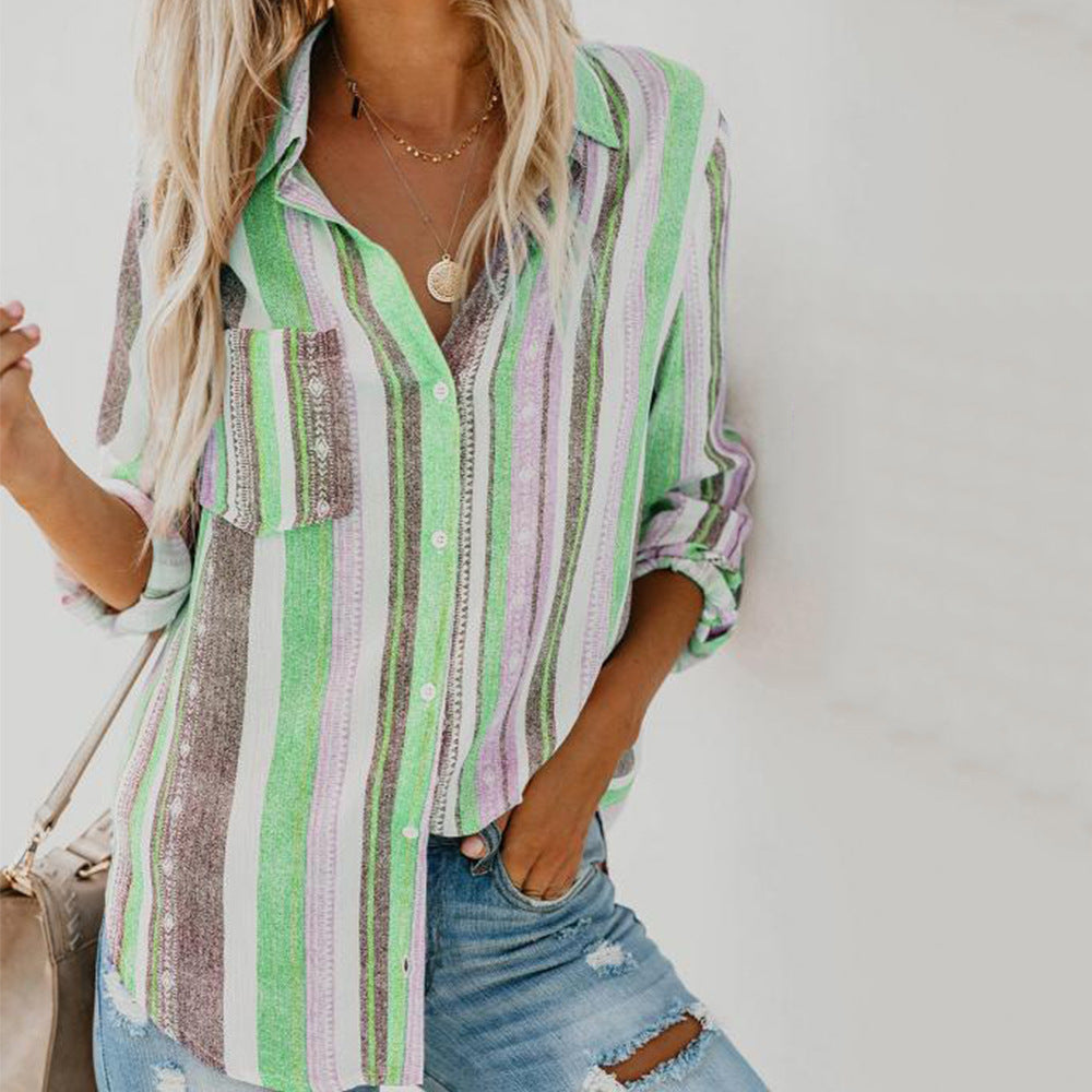 Ladies' Blouse With Turn-Down Collar Striped