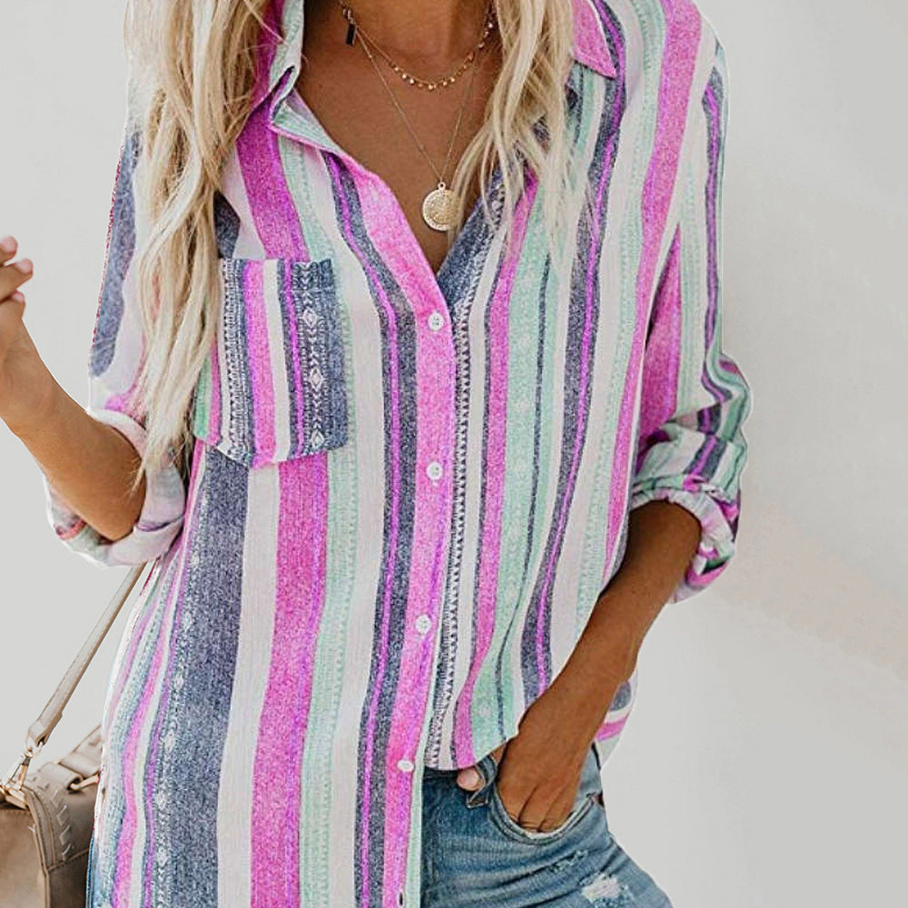 Ladies' Blouse With Turn-Down Collar Striped