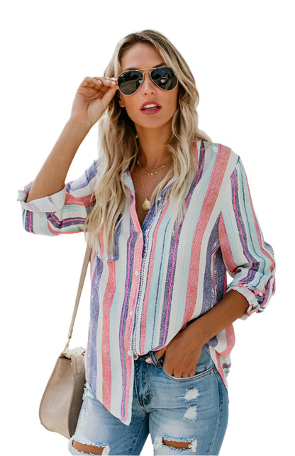Ladies' Blouse With Turn-Down Collar Striped