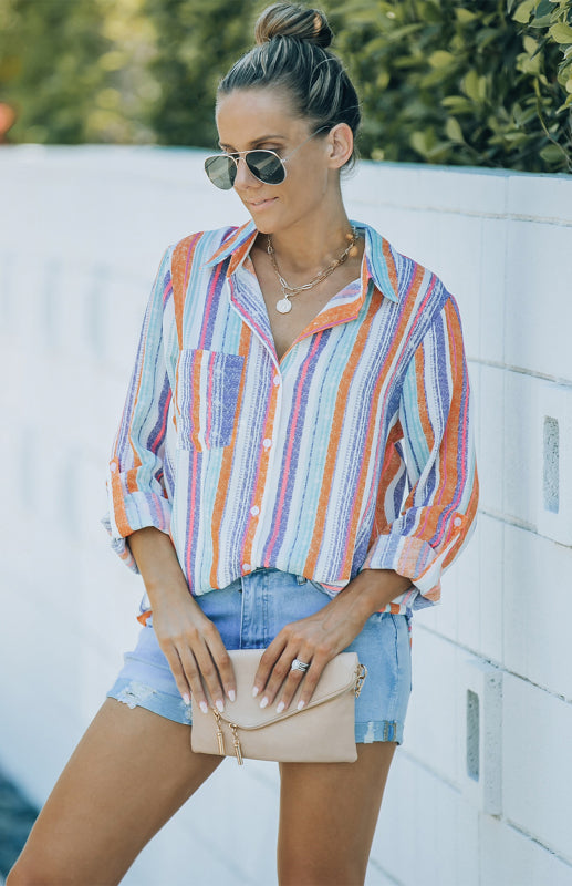 Ladies' Blouse With Turn-Down Collar Striped